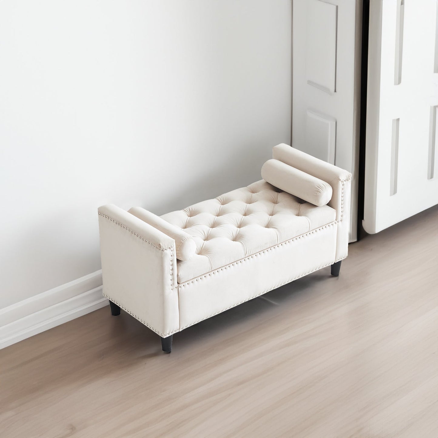 Storage Bench, 44.5-Inch Queen Velvet Button Bedside Bench, Entryway Living Room with Armrests, Nailhead Trim Cream White - Korvel