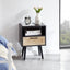 15.75" Rattan End table with drawer and solid wood legs Modern nightstand side table for living room black - Korvel