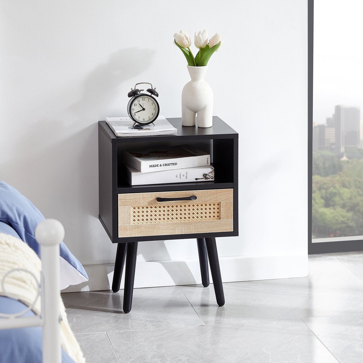 15.75" Rattan End table with drawer and solid wood legs Modern nightstand side table for living room black - Korvel