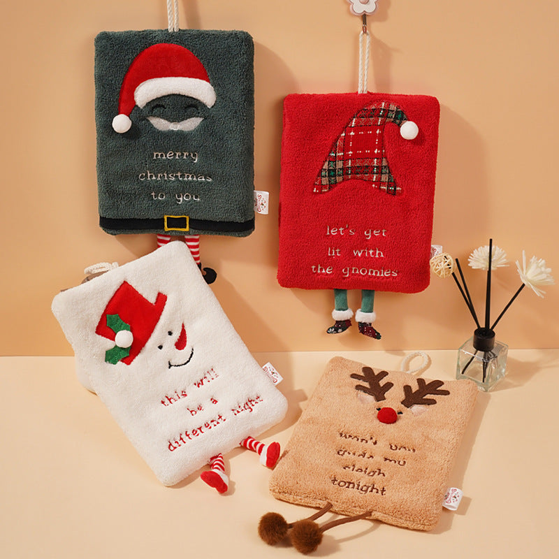 New Christmas hand towel can be hung with thick coral fleece towel, kitchen absorbent quick drying cloth, cartoon hand towel - Korvel