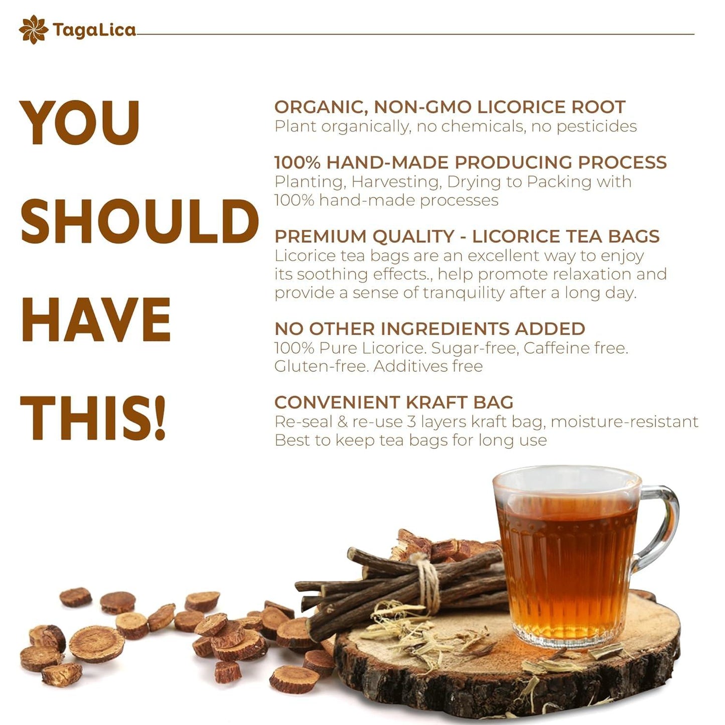 Bolsitas de té de raíz de regaliz premium, 100 % natural, raíz de regaliz pura, bolsitas de té ecológicas, infusión de raíz de regaliz. Sin azúcar, sin cafeína, sin gluten, vegano. 