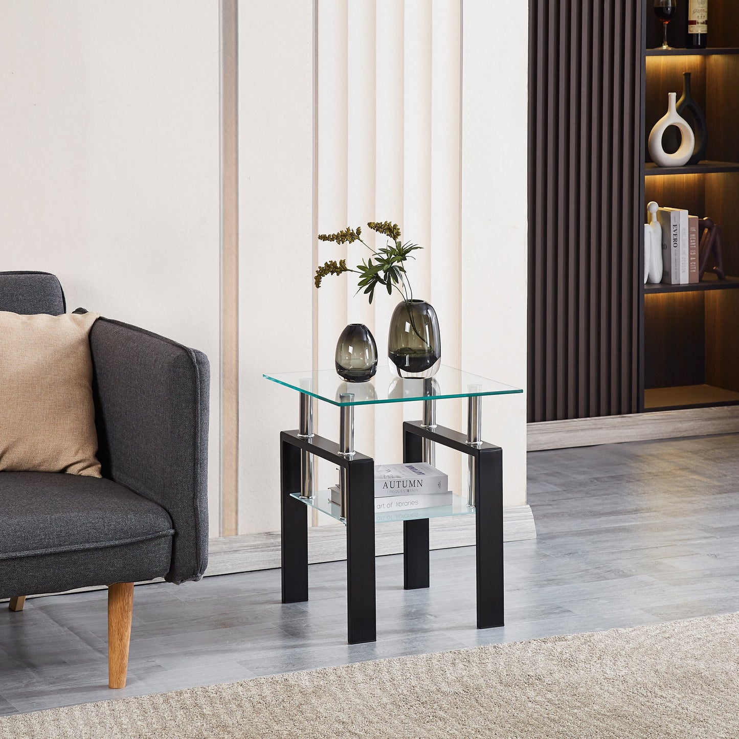 Tempered Transparent Glass End Table 2-Layers Small Table with Storage Living Room Side Table - Korvel