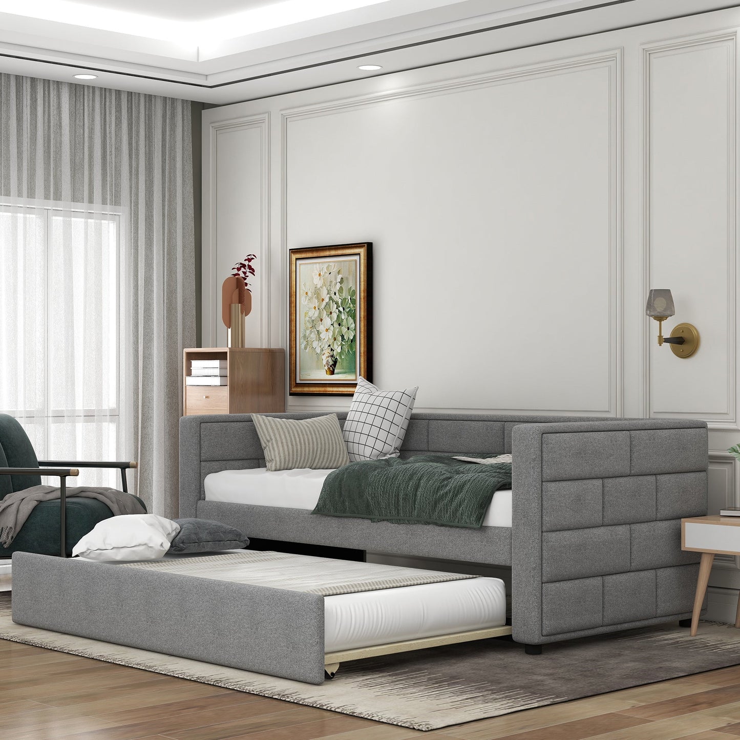 Twin Size Daybed with Trundle  Upholstered Daybed with Padded Back  Gray - Korvel