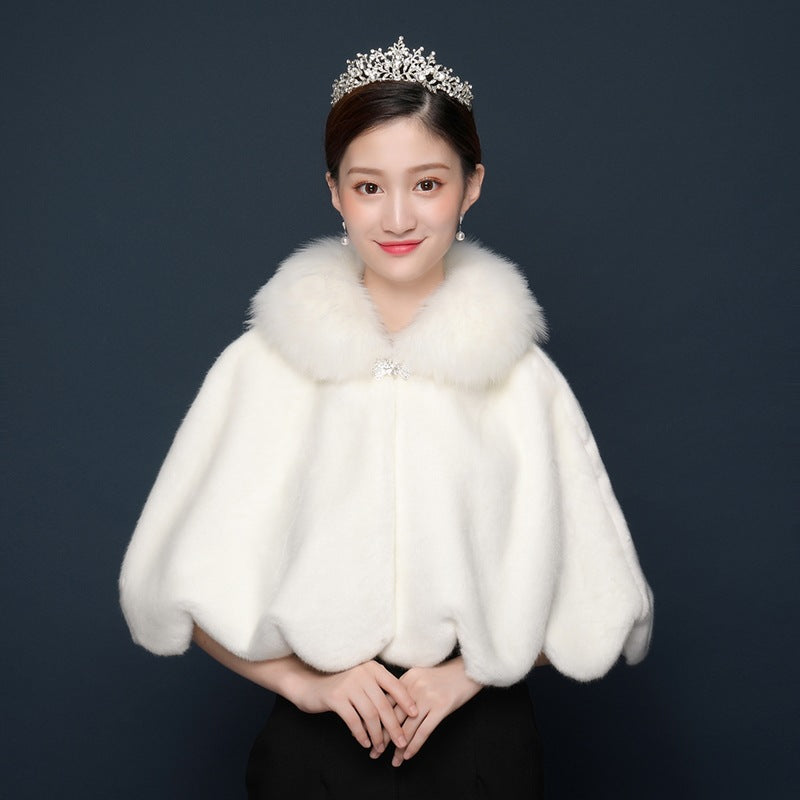Bride's wedding dress fur shawl women's warm white cloak cheongsam jacket red cloak - Korvel