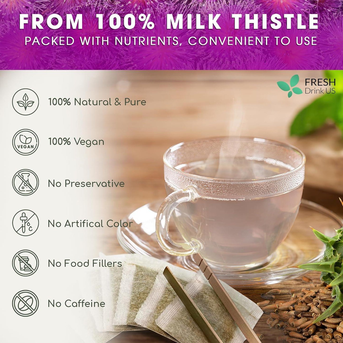 Bolsitas de té de cardo mariano premium, 100 % naturales y puras de semillas de cardo mariano. Té de semillas de cardo mariano. Elaborado con bolsitas de té naturales. Sin azúcar, sin cafeína, sin gluten, vegano.