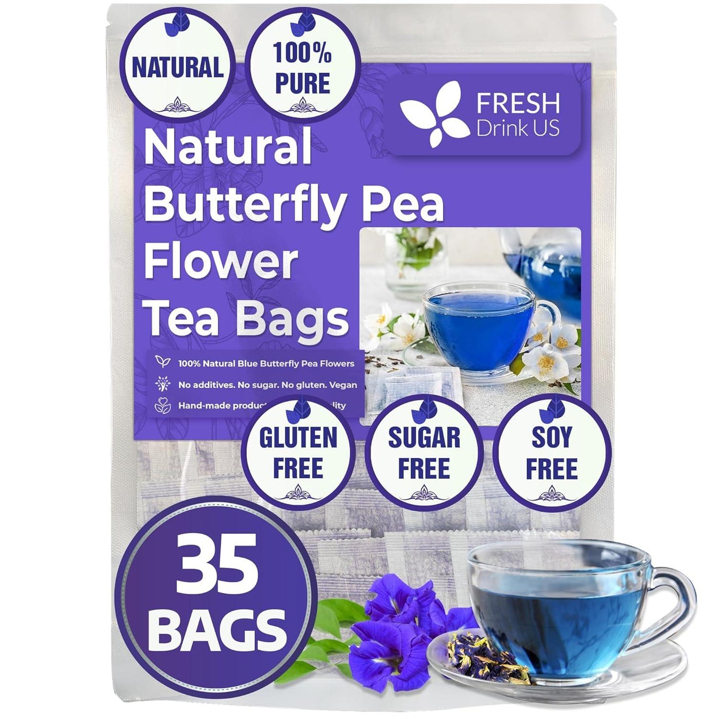 Premium Butterfly Pea Flowers, Tea Bags, 100% Natural and Pure from Butterfly Pea Flowers, Hand-made, Made With Natural Materials-Corn Fiber Tea Bag, Sugar/Caffeine/Gluten Free - Korvel