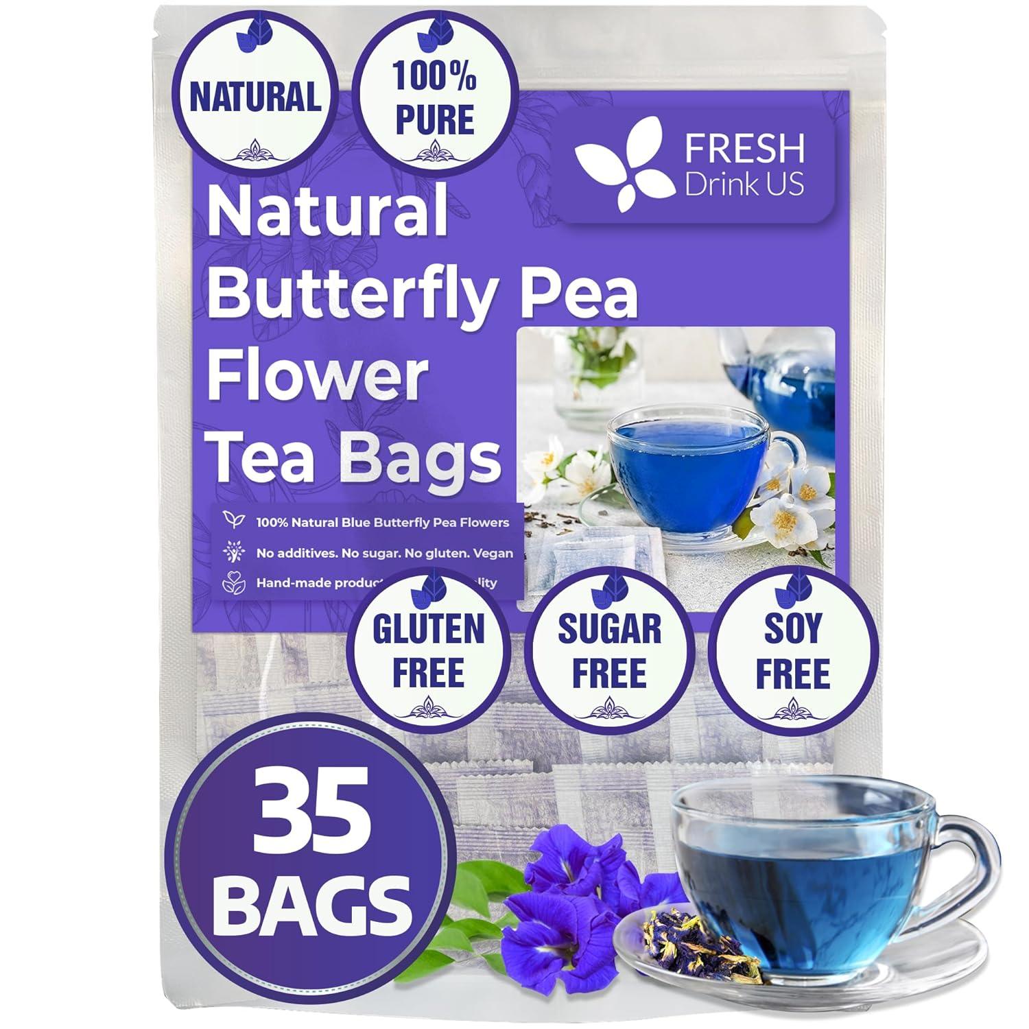 Premium Butterfly Pea Flowers, Tea Bags, 100% Natural and Pure from Butterfly Pea Flowers, Hand-made, Made With Natural Materials-Corn Fiber Tea Bag, Sugar/Caffeine/Gluten Free - Korvel