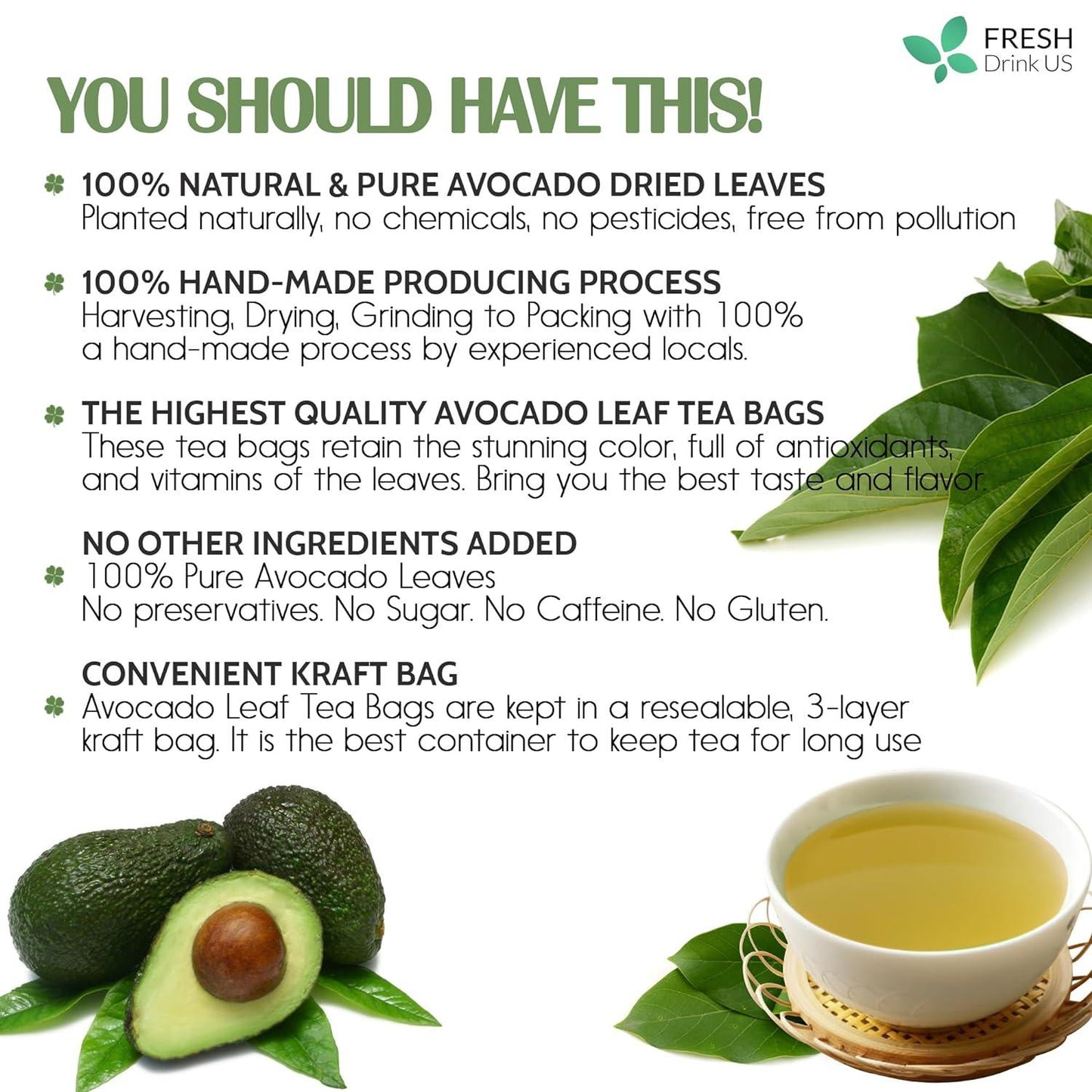 Natural Avocado Whole Leaves Dried, Tea Bags, 100% Pure from Avocado Leaves, Avocado Leaf Tea, Hojas de Aguacate Seca, No Additives, No Caffeine, Vegan - Korvel