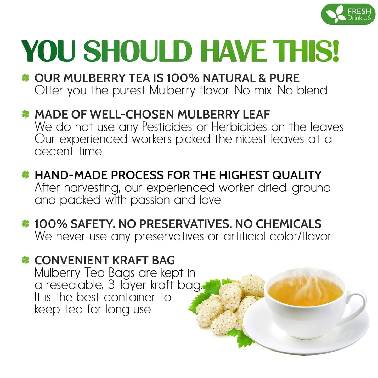 Premium Mulberry Leaf Tea Bags - Sugar-Free, Caffeine-Free, Vegan