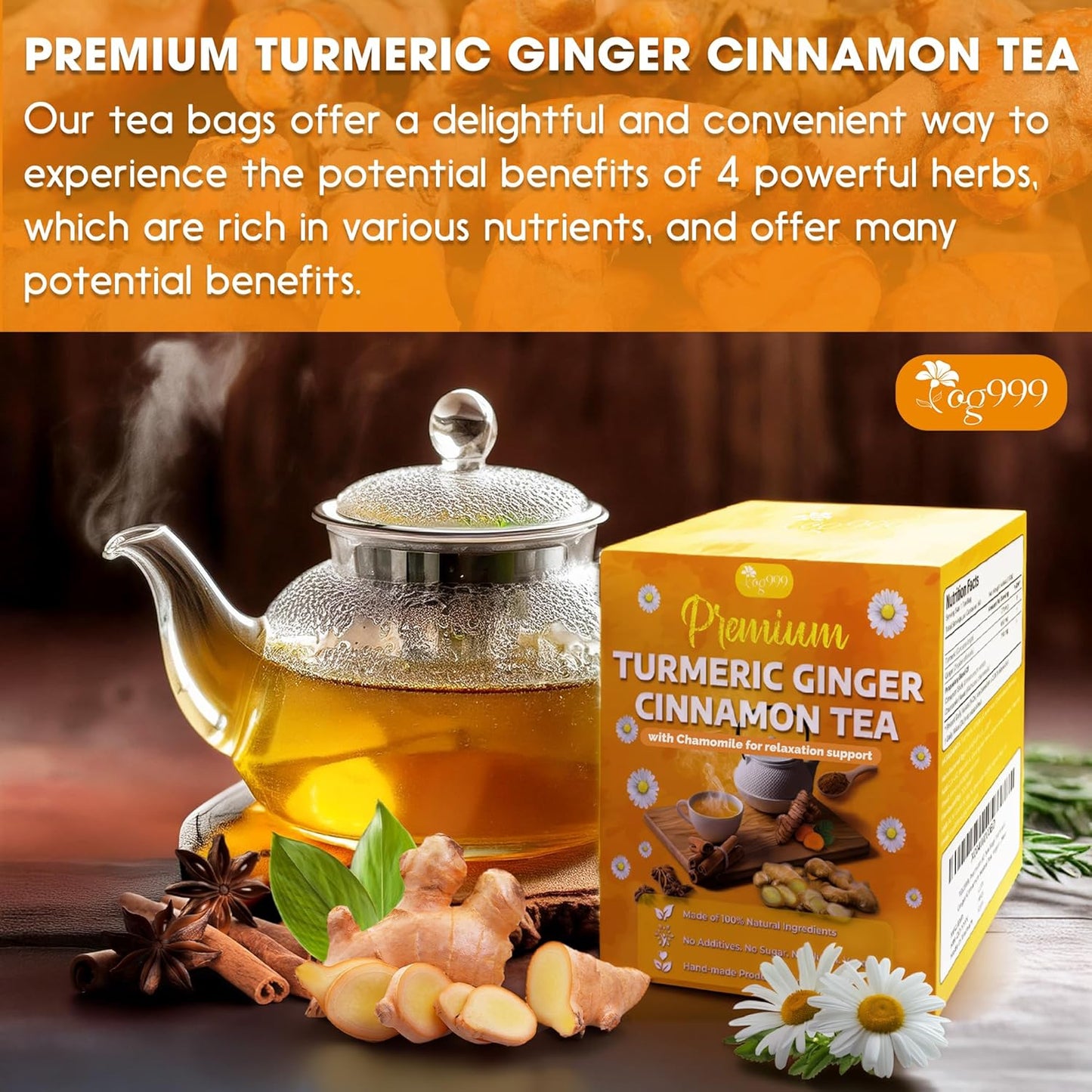 Thé en sachets premium de curcuma, gingembre, cannelle et camomille