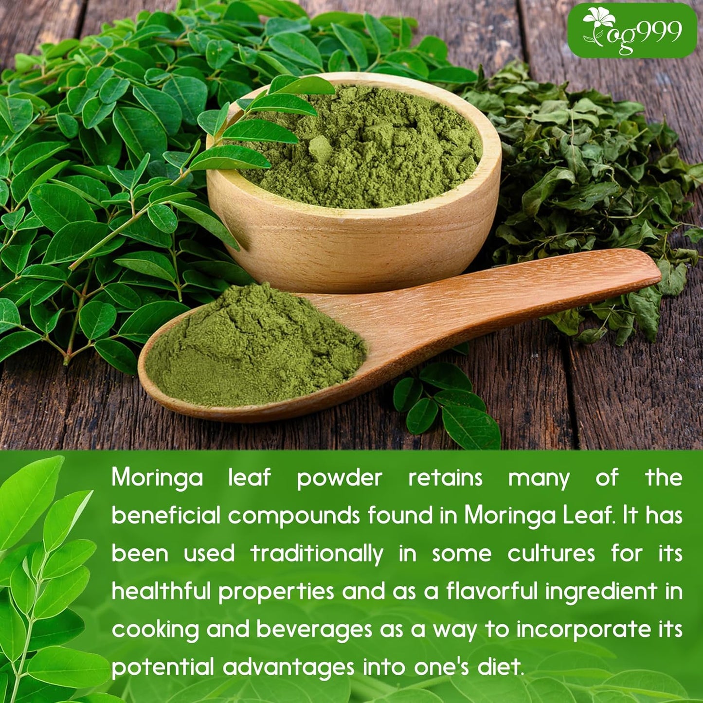 Polvo de hoja de moringa premium, 100 % natural y puro, sin aditivos, sin gluten, sin azúcar, vegano. 