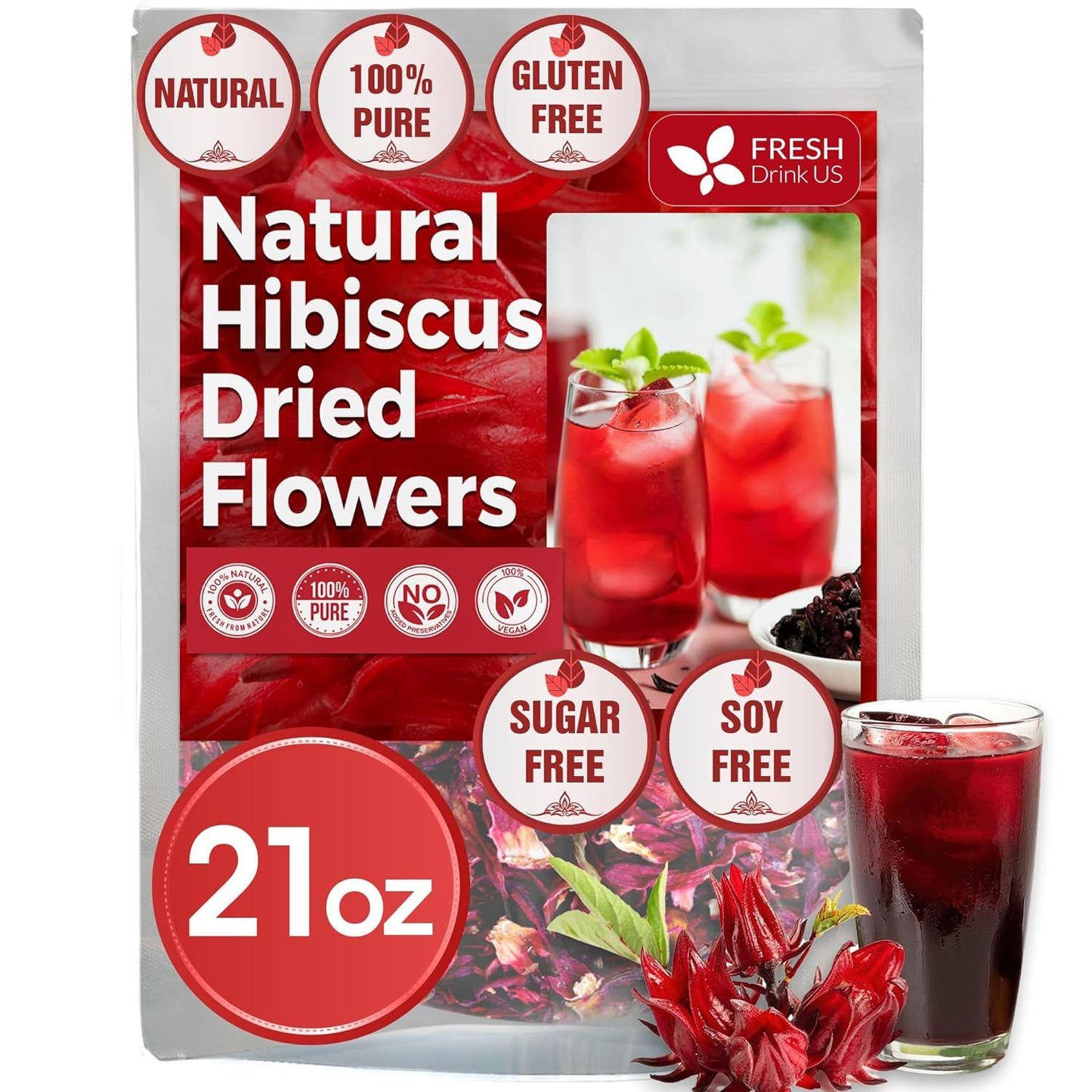 Flores secas de hibisco, bolsitas de té, 100 % natural, puro de flores de hibisco. Té de hibisco a granel. Té de flor de hibisco. Sin azúcar, sin cafeína, sin gluten, vegano.