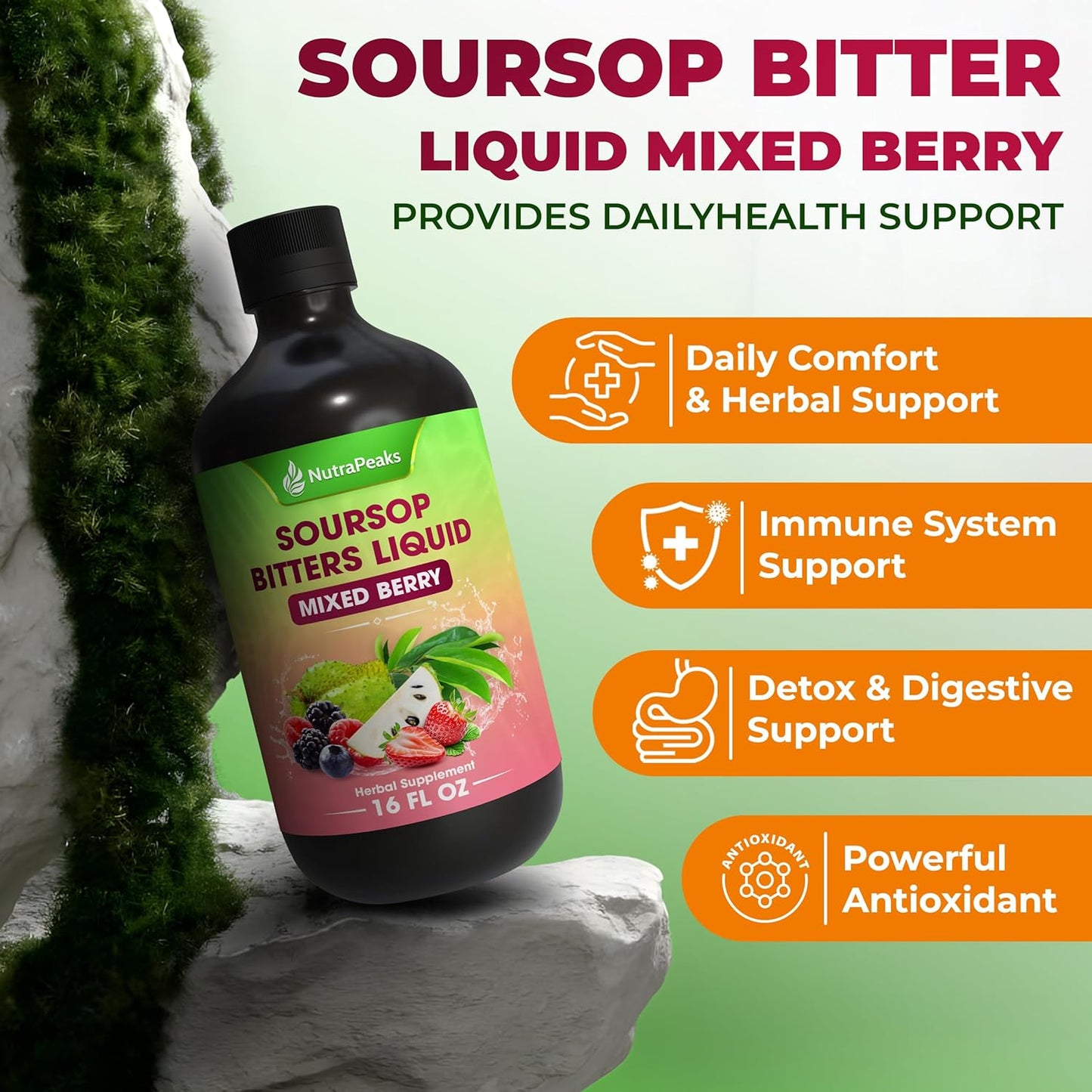 Soursop Bitters Liquid – Herbal Detox Formula with Soursop, Ginger, Turmeric & Black Seed Mixed Berry Flavor - Korvel