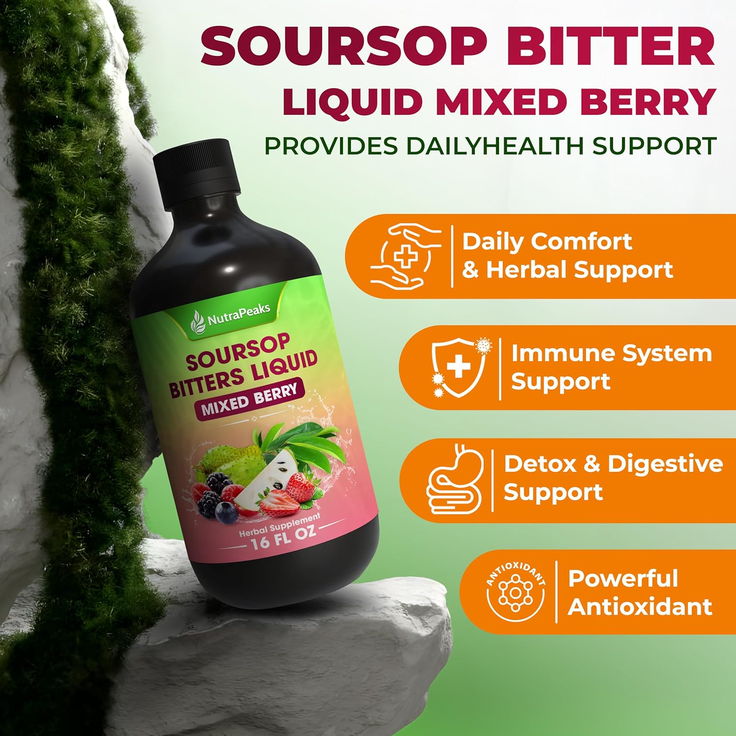 Soursop Bitters Liquid – Herbal Detox Formula with Soursop, Ginger, Turmeric & Black Seed Mixed Berry Flavor - Korvel
