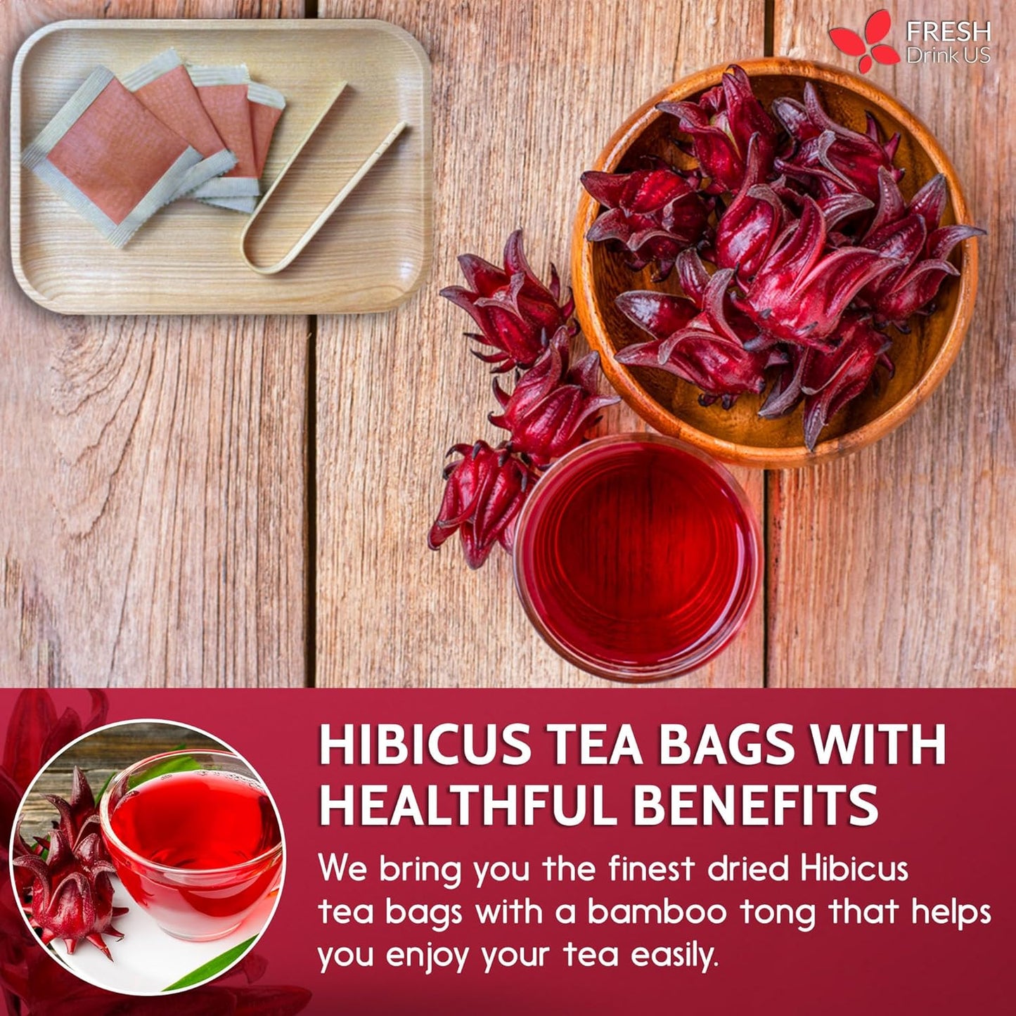 Hibiscus Dried Flowers, Tea Bags, 100% Natural, Pure from Hibiscus Flowers. Loose Flower Hibiscus Herbal Tea. Hibiscus Flower Tea. No Sugar, No Caffeine, No Gluten, Vegan. - Korvel