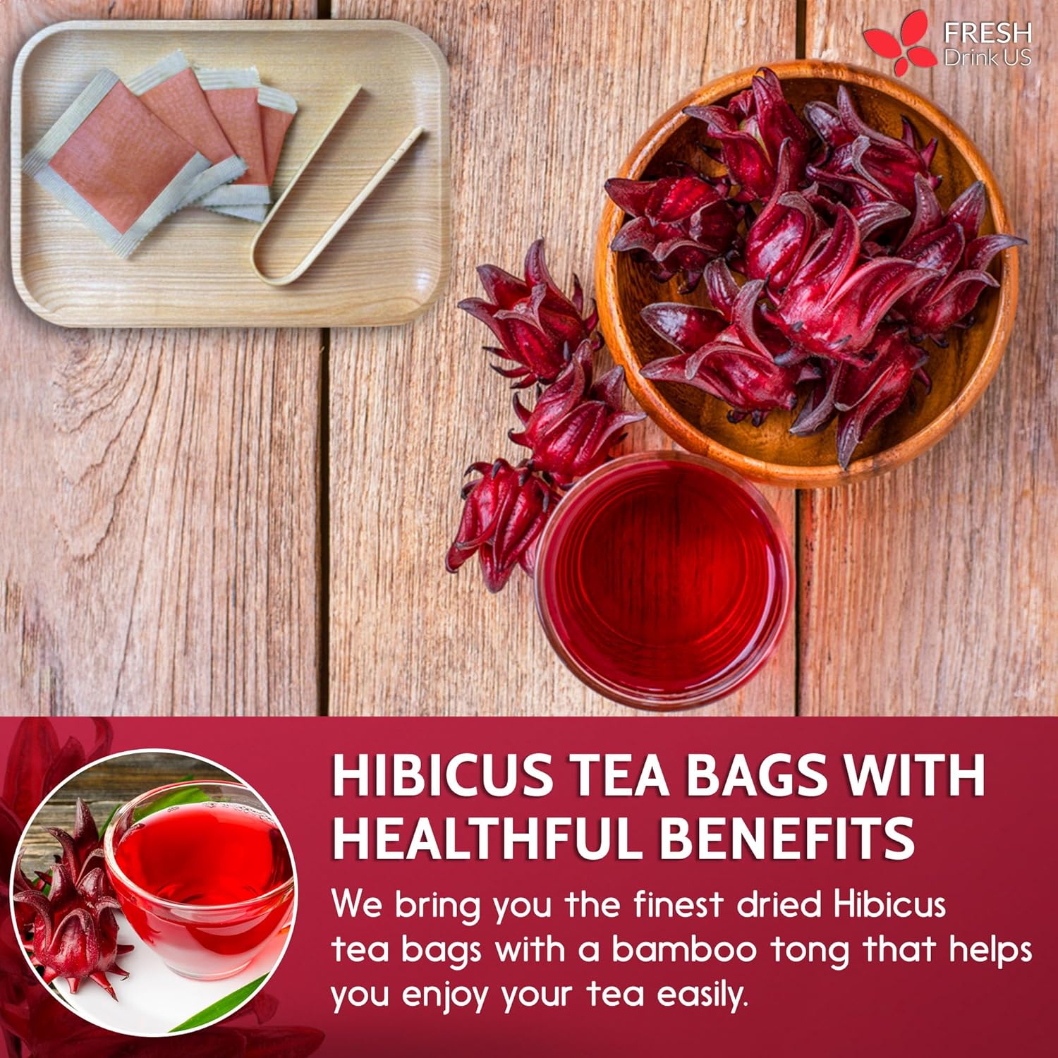 Hibiscus Dried Flowers, Tea Bags, 100% Natural, Pure from Hibiscus Flowers. Loose Flower Hibiscus Herbal Tea. Hibiscus Flower Tea. No Sugar, No Caffeine, No Gluten, Vegan. - Korvel