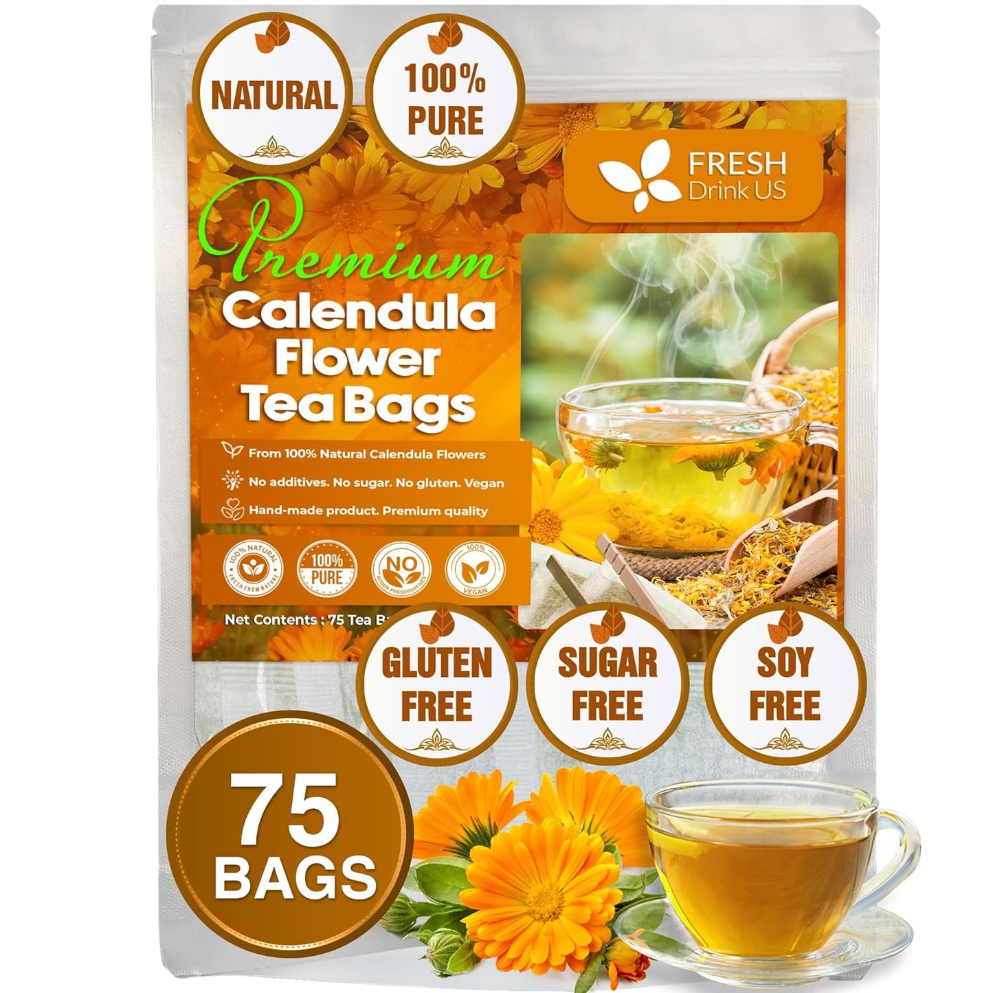 Bolsitas de té de caléndula, flores de caléndula 100 % naturales y puras, ecológicas. Infusión de caléndula. Sin azúcar, sin cafeína, sin gluten, vegana. 