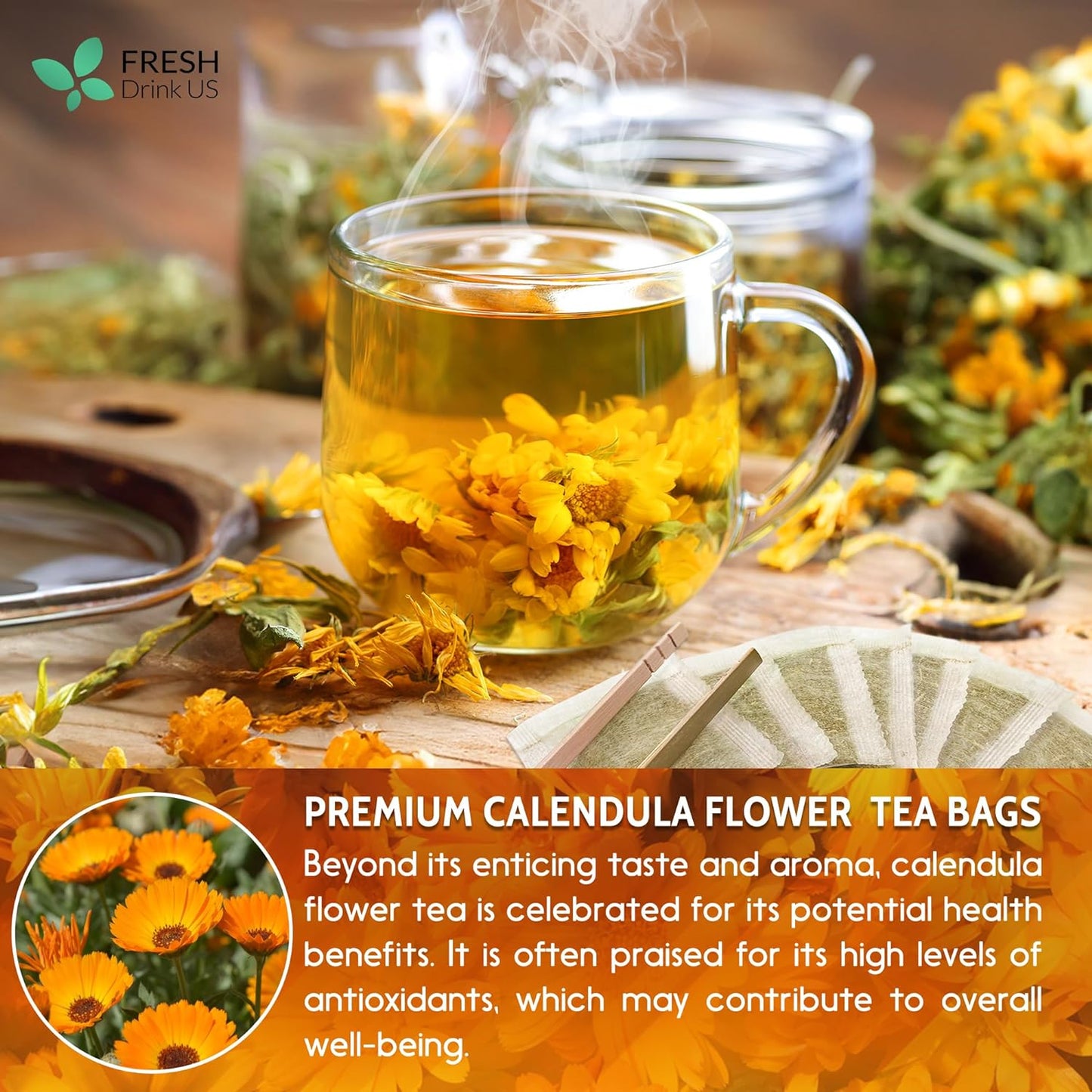 Bolsitas de té de caléndula, flores de caléndula 100 % naturales y puras, ecológicas. Infusión de caléndula. Sin azúcar, sin cafeína, sin gluten, vegana. 