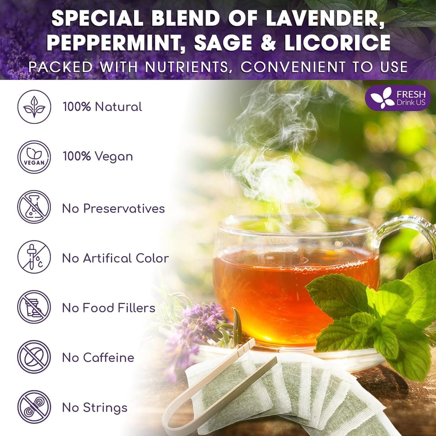 Premium Lavender Mint Tea Bags - 100% Natural Herbal Blend