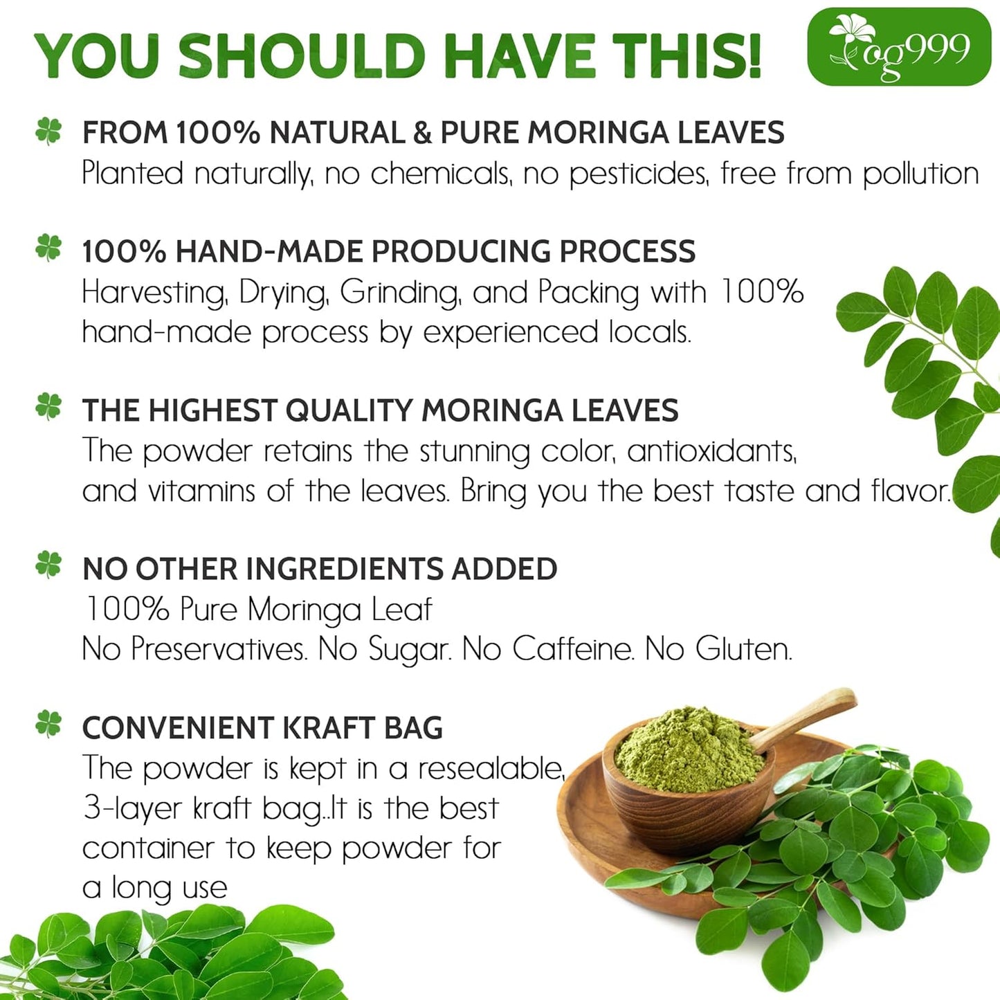 Polvo de hoja de moringa premium, 100 % natural y puro, sin aditivos, sin gluten, sin azúcar, vegano. 
