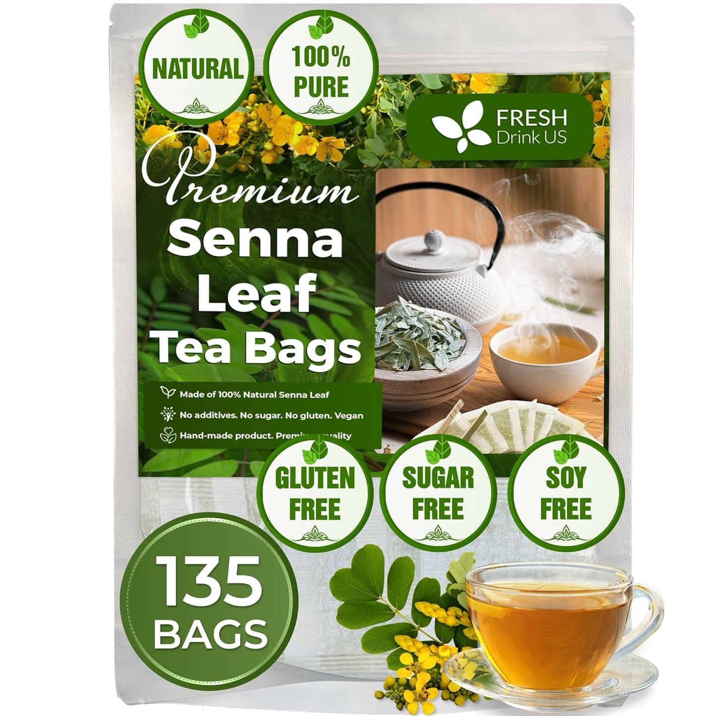 Premium Senna Leaf Tea Bags, 100% Natural & Pure from Senna Leaves. Loose Leaf Senna Herbal Tea, Made with Natural Material Tea Bags, Senna Leaf Tea. No Sugar, No Caffeine, No Gluten, Vegan. - Korvel