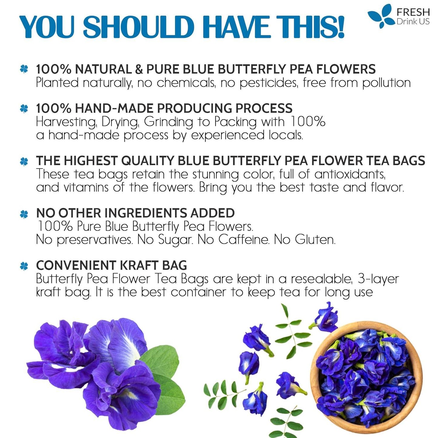 Premium Butterfly Pea Flowers, Tea Bags, 100% Natural and Pure from Butterfly Pea Flowers, Hand-made, Made With Natural Materials-Corn Fiber Tea Bag, Sugar/Caffeine/Gluten Free - Korvel
