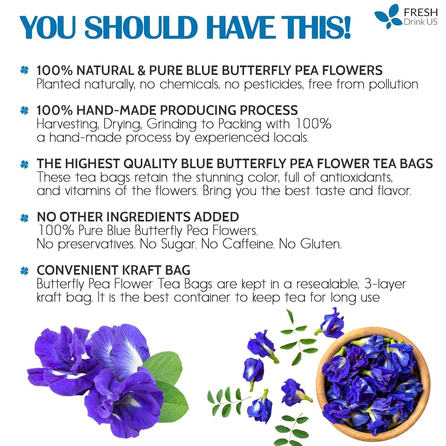 Premium Butterfly Pea Flowers, Tea Bags, 100% Natural and Pure from Butterfly Pea Flowers, Hand-made, Made With Natural Materials-Corn Fiber Tea Bag, Sugar/Caffeine/Gluten Free - Korvel