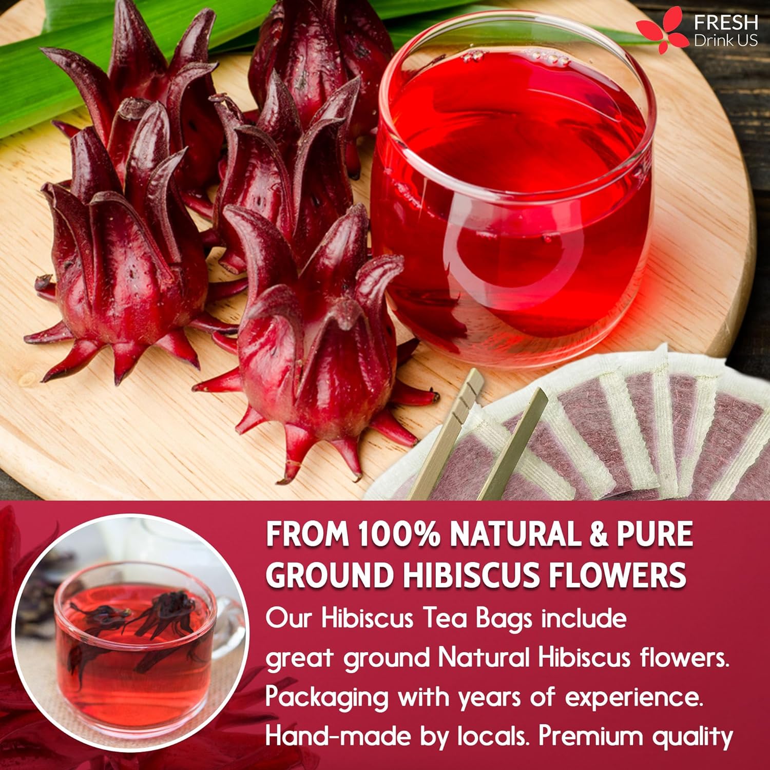 Hibiscus Dried Flowers, Tea Bags, 100% Natural, Pure from Hibiscus Flowers. Loose Flower Hibiscus Herbal Tea. Hibiscus Flower Tea. No Sugar, No Caffeine, No Gluten, Vegan. - Korvel