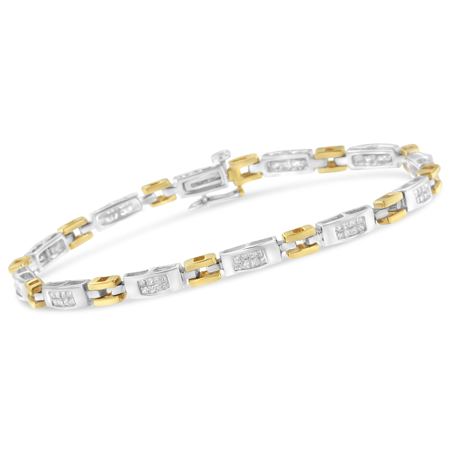 Pulsera de eslabones geométricos de diamantes de corte princesa de oro bicolor de 10K