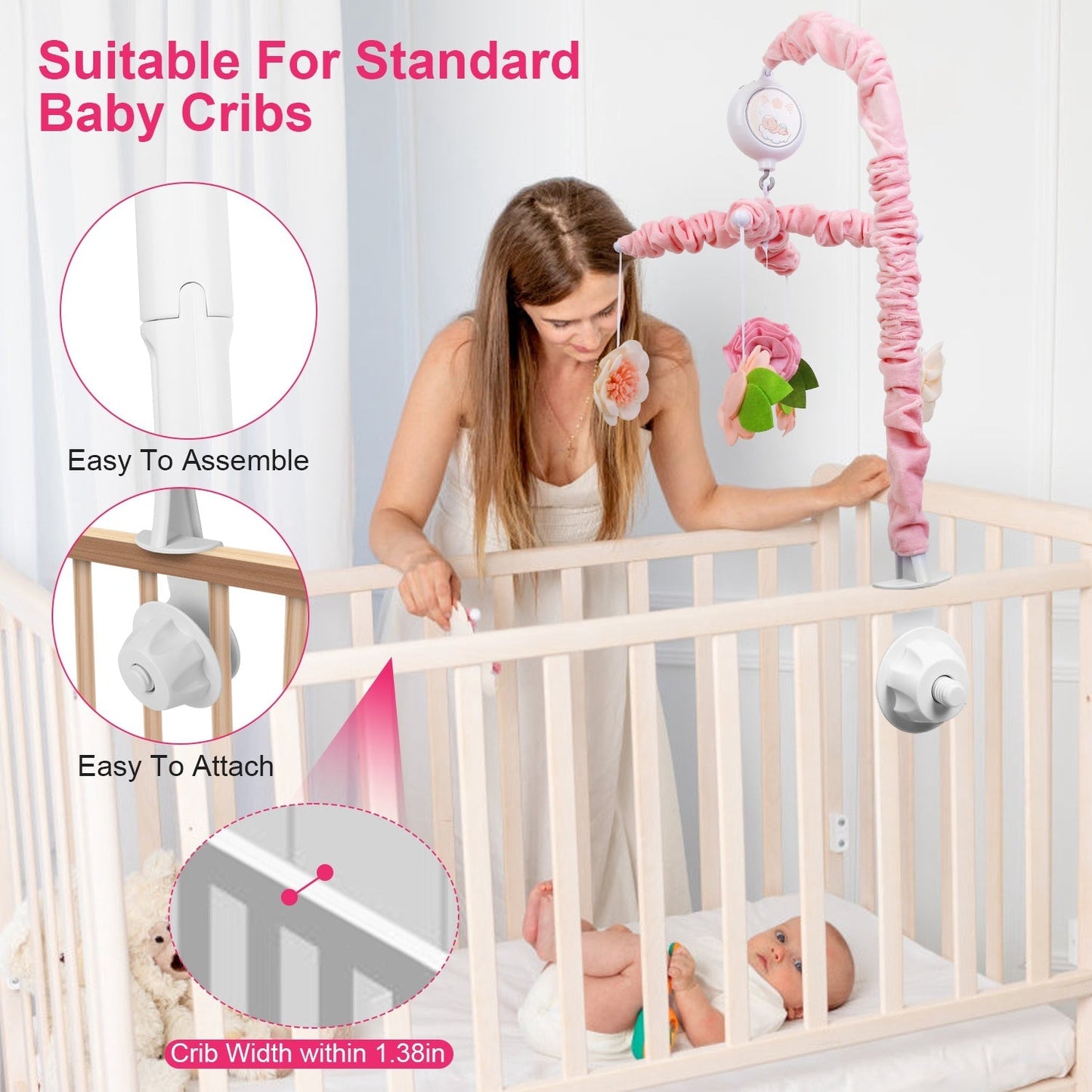 Mobile musical Gbruno pour filles - 12 mélodies et 5 hochets en fleurs