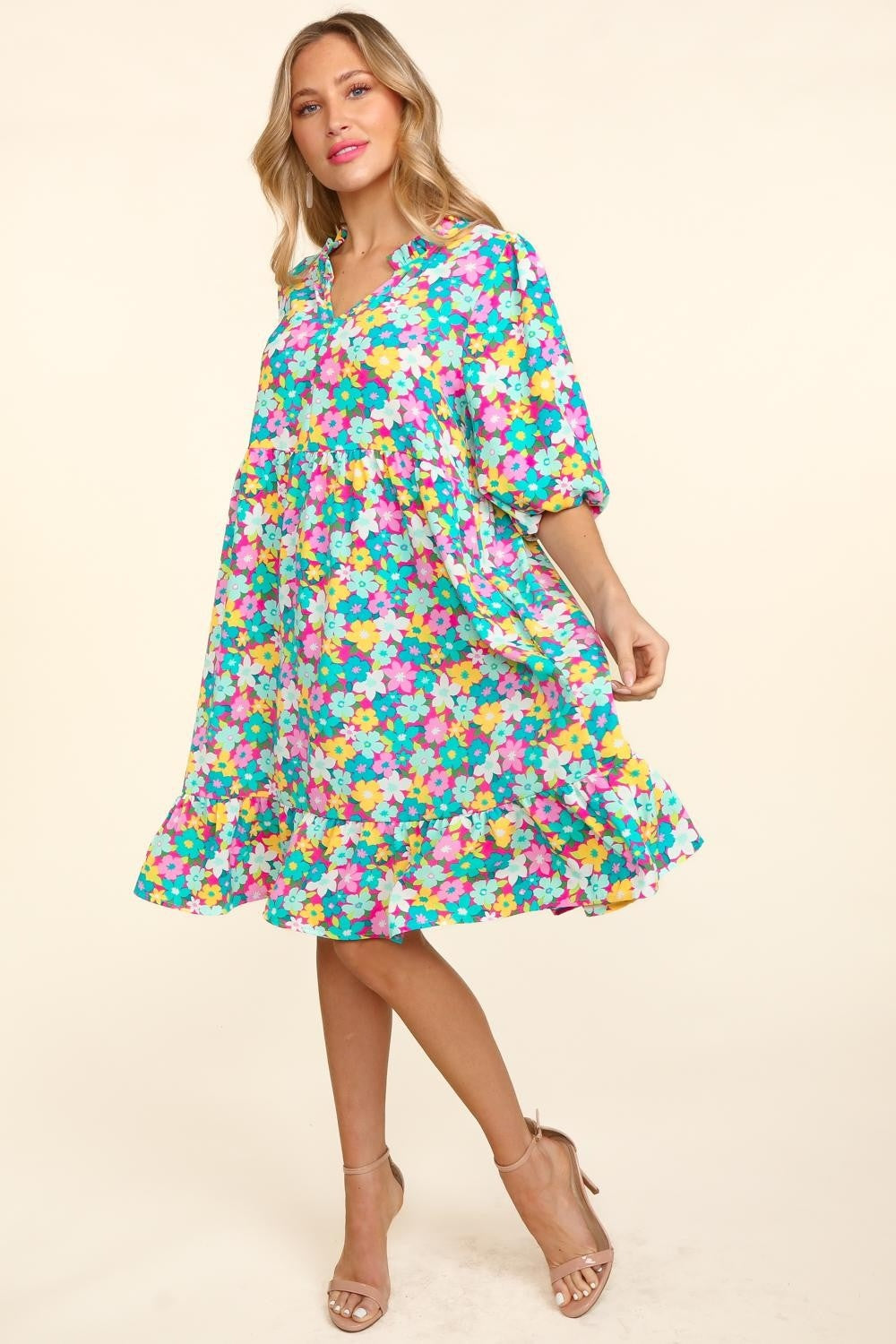 Vestido Floral con Mangas Abullonadas y Volantes para Mujeres