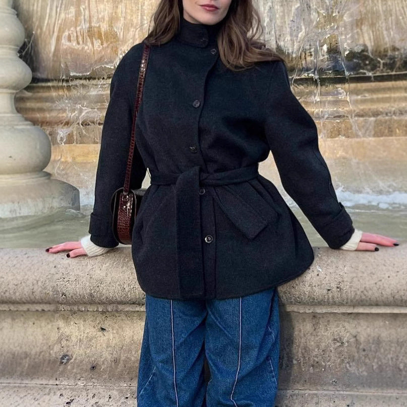 Womens Wool Coat with Belt and Mock Neck