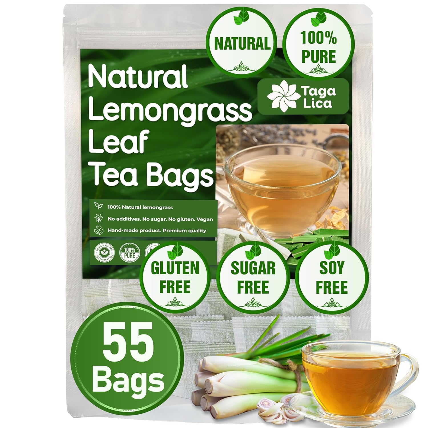 Lemongrass Tea Bags, 100% Natural & Pure Lemongrass leaves, Eco-Conscious Tea Bags, Lemongrass Herbal Tea. Lemongrass Leaf Tea. No Sugar, No Caffeine, No Gluten, Vegan. - Korvel