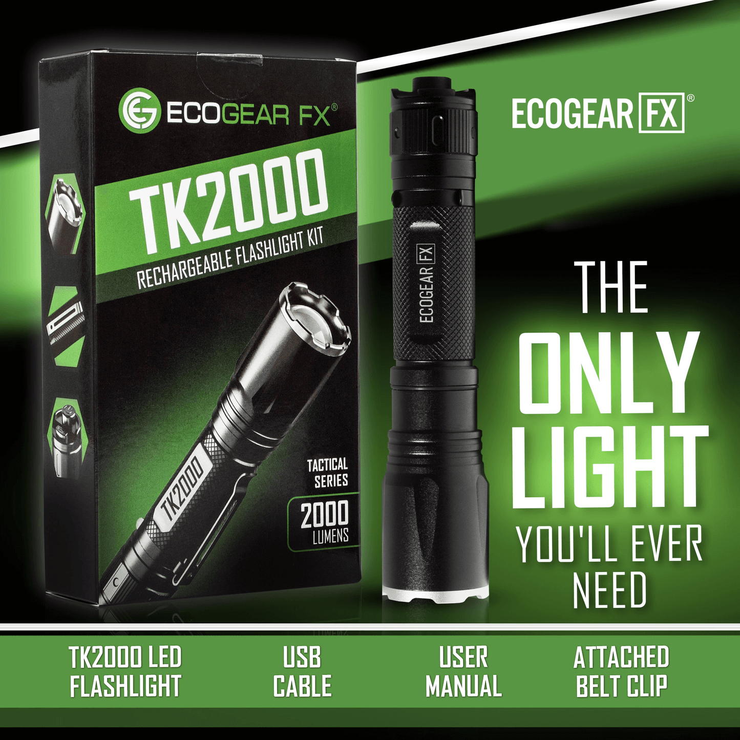 EcoGear FX TK2000 Lampe de Poche Tactique Rechargeable USB