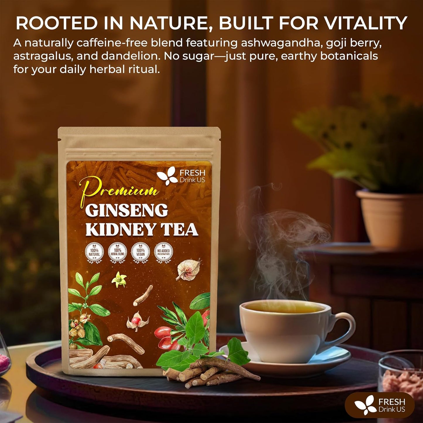 Ginseng 6 Treasures Kidney Tea, Super Kidney Cleanse Detox Tea For Men & Women, 100% Natural Roots & Berries | Caffeine-Free | Adaptogenic Blend for Energy, Wellness & Vitality Support - Korvel