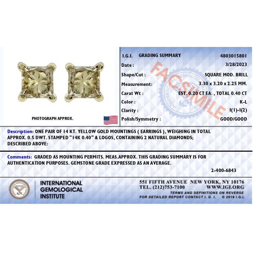 Pendientes de diamante en corte princesa de 3/8 Cttw certificados por IGI en oro amarillo de 14K