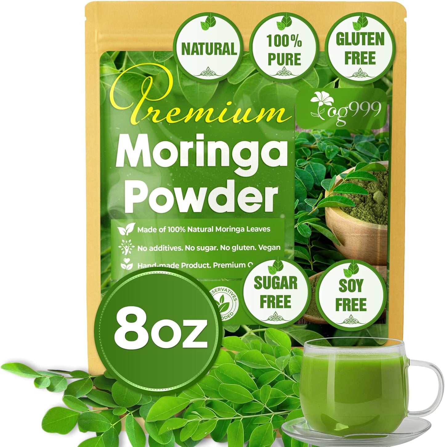 Polvo de hoja de moringa premium, 100 % natural y puro, sin aditivos, sin gluten, sin azúcar, vegano. 