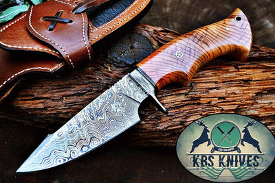 Handcrafted Damascus Steel Hunting Knife with Olive Wood Handle - Korvel