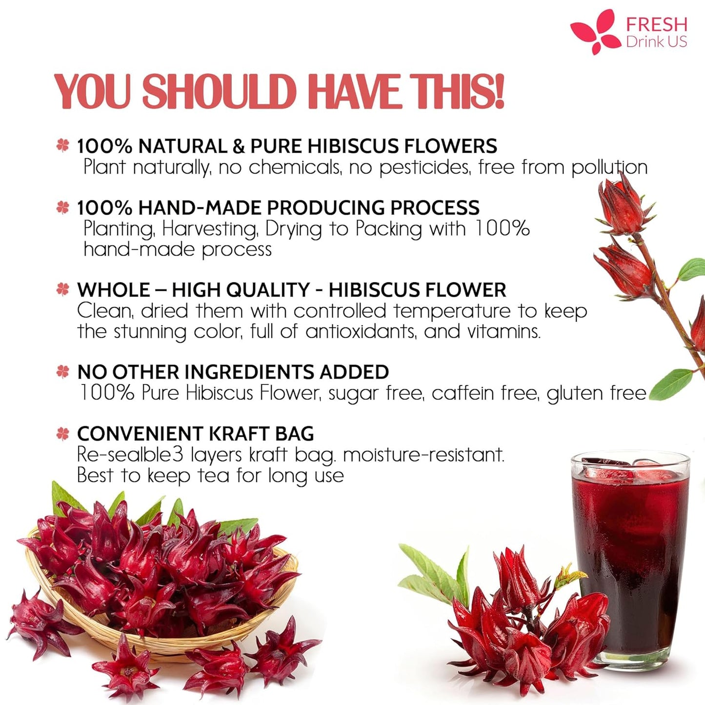 Hibiscus Dried Flowers, Tea Bags, 100% Natural, Pure from Hibiscus Flowers. Loose Flower Hibiscus Herbal Tea. Hibiscus Flower Tea. No Sugar, No Caffeine, No Gluten, Vegan. - Korvel
