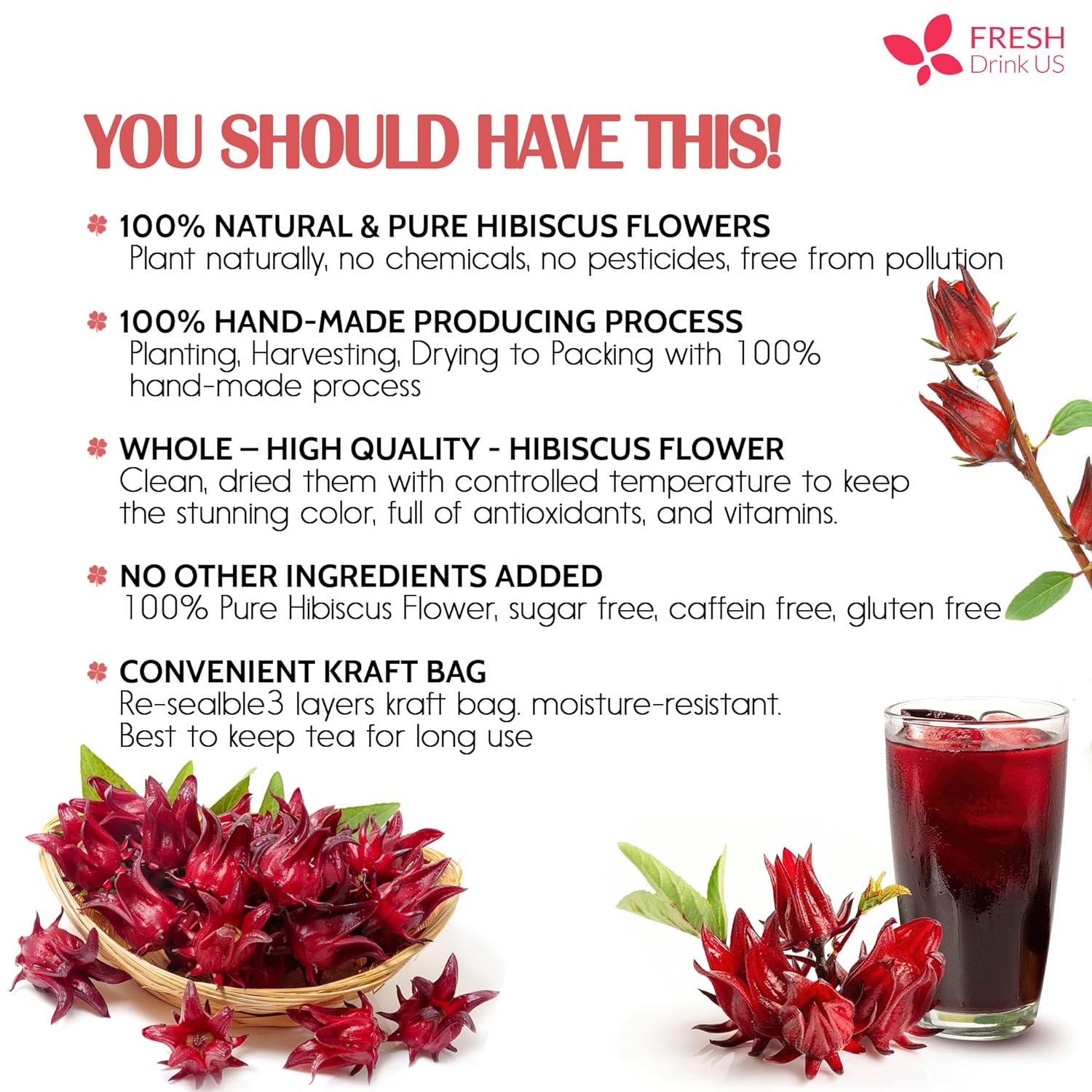 Hibiscus Dried Flowers, Tea Bags, 100% Natural, Pure from Hibiscus Flowers. Loose Flower Hibiscus Herbal Tea. Hibiscus Flower Tea. No Sugar, No Caffeine, No Gluten, Vegan. - Korvel
