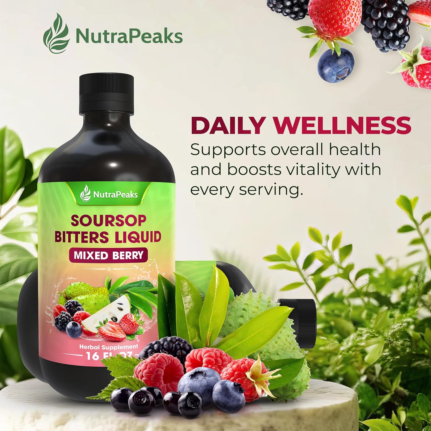 Soursop Bitters Liquid – Herbal Detox Formula with Soursop, Ginger, Turmeric & Black Seed Mixed Berry Flavor - Korvel