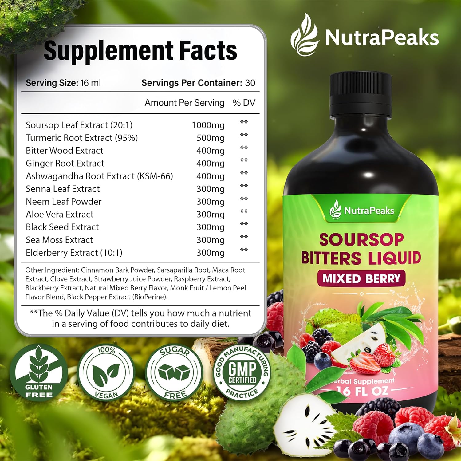 Soursop Bitters Liquid – Herbal Detox Formula with Soursop, Ginger, Turmeric & Black Seed Mixed Berry Flavor - Korvel