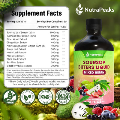 Soursop Bitters Liquid – Herbal Detox Formula with Soursop, Ginger, Turmeric & Black Seed Mixed Berry Flavor - Korvel