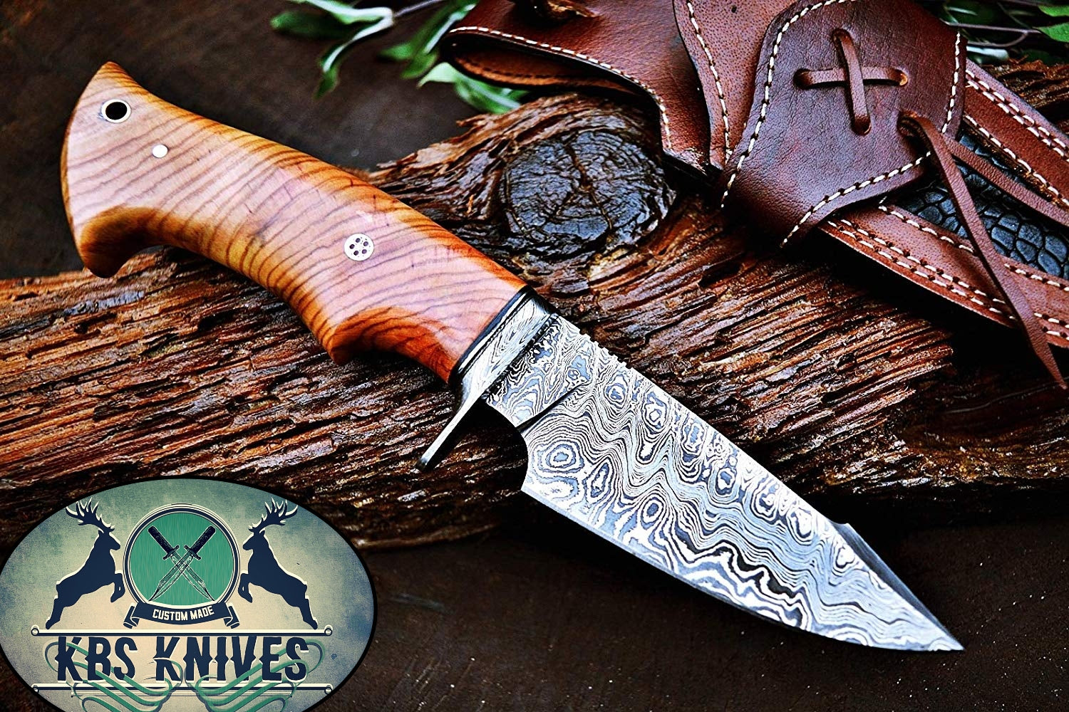 Handcrafted Damascus Steel Hunting Knife with Olive Wood Handle - Korvel
