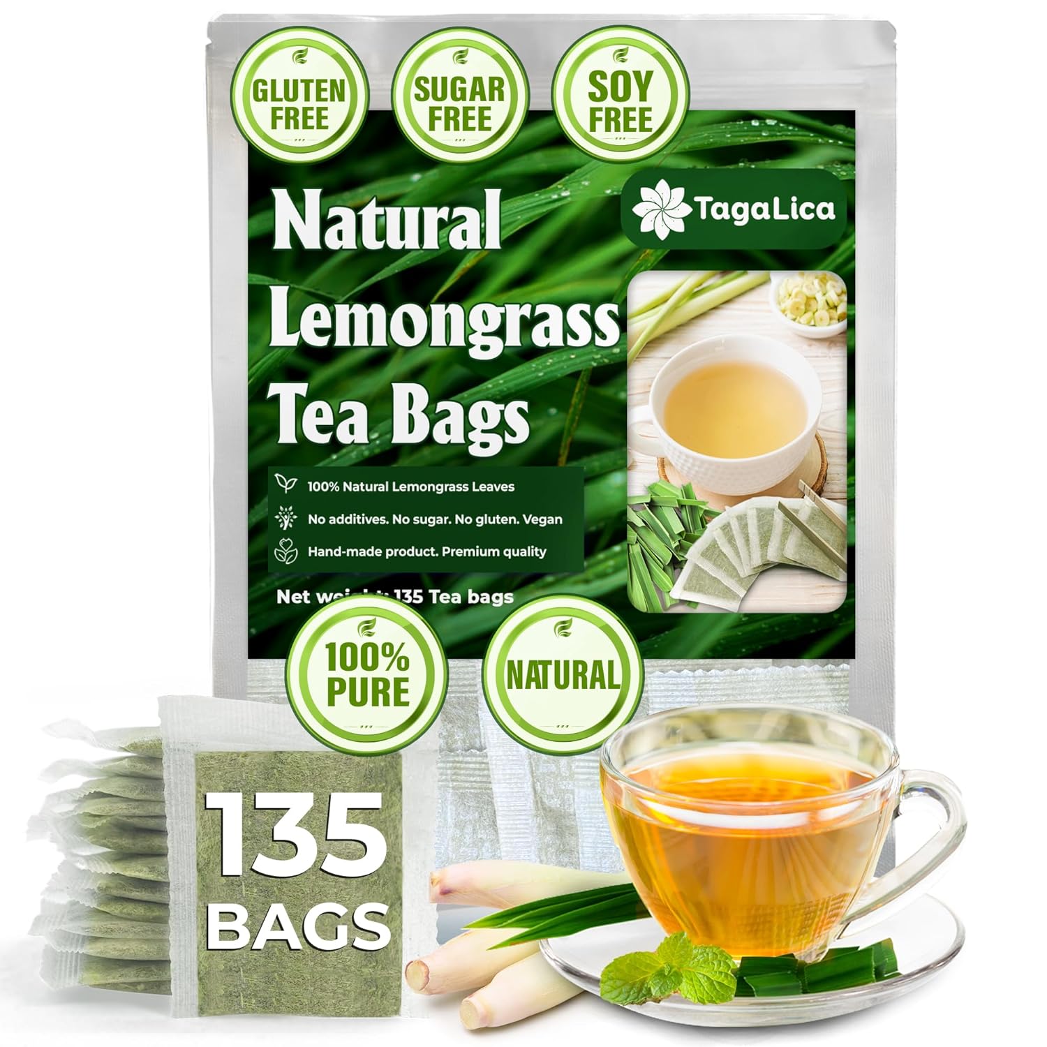 Lemongrass Tea Bags, 100% Natural & Pure Lemongrass leaves, Eco-Conscious Tea Bags, Lemongrass Herbal Tea. Lemongrass Leaf Tea. No Sugar, No Caffeine, No Gluten, Vegan. - Korvel