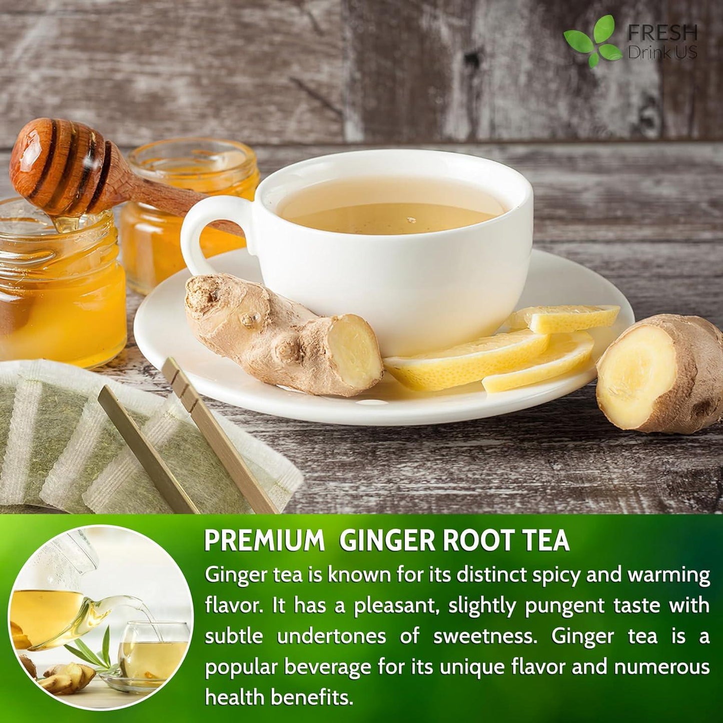 Bolsitas de té de jengibre premium, 100 % natural y puro, hechas de raíces de jengibre. Té de jengibre, infusión de jengibre. Sin azúcar, sin cafeína, sin gluten, vegano. 