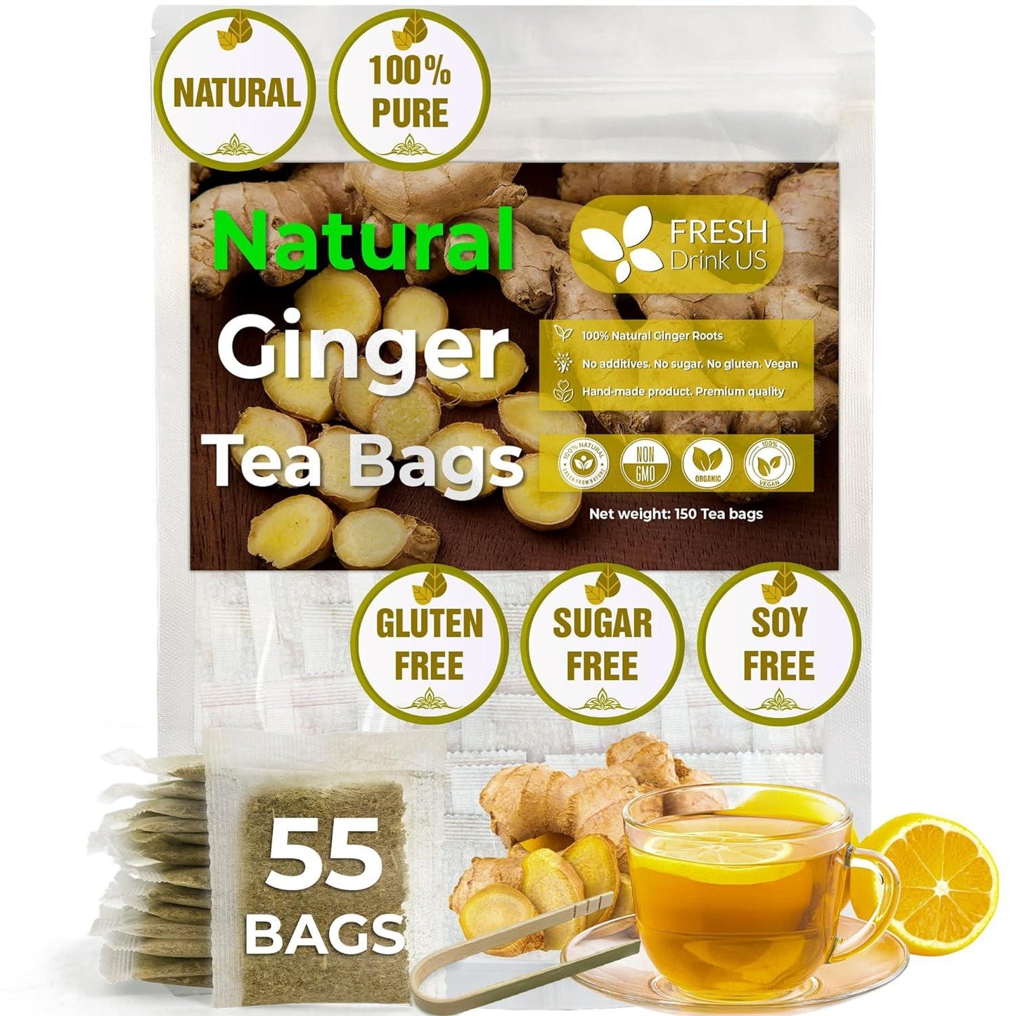 Bolsitas de té de jengibre premium, 100 % natural y puro, hechas de raíces de jengibre. Té de jengibre, infusión de jengibre. Sin azúcar, sin cafeína, sin gluten, vegano. 