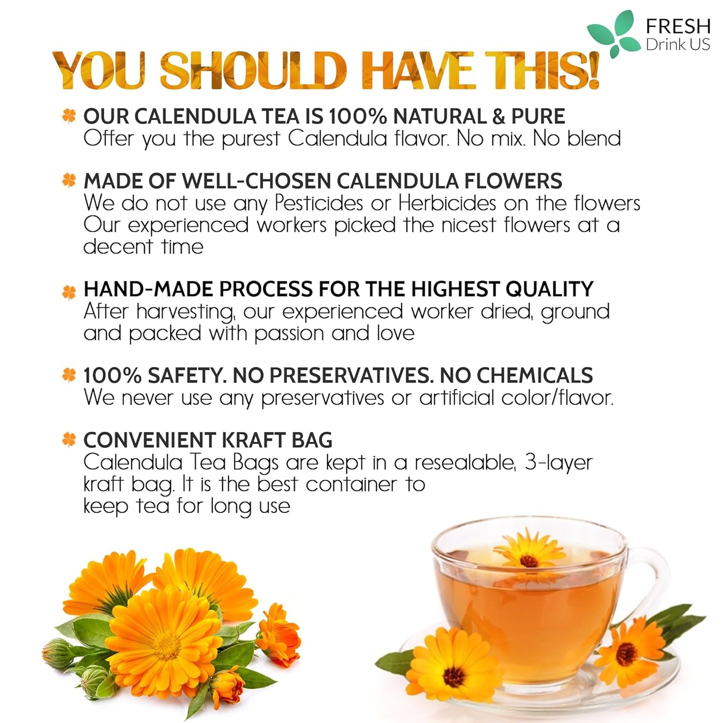 Bolsitas de té de caléndula, flores de caléndula 100 % naturales y puras, ecológicas. Infusión de caléndula. Sin azúcar, sin cafeína, sin gluten, vegana. 