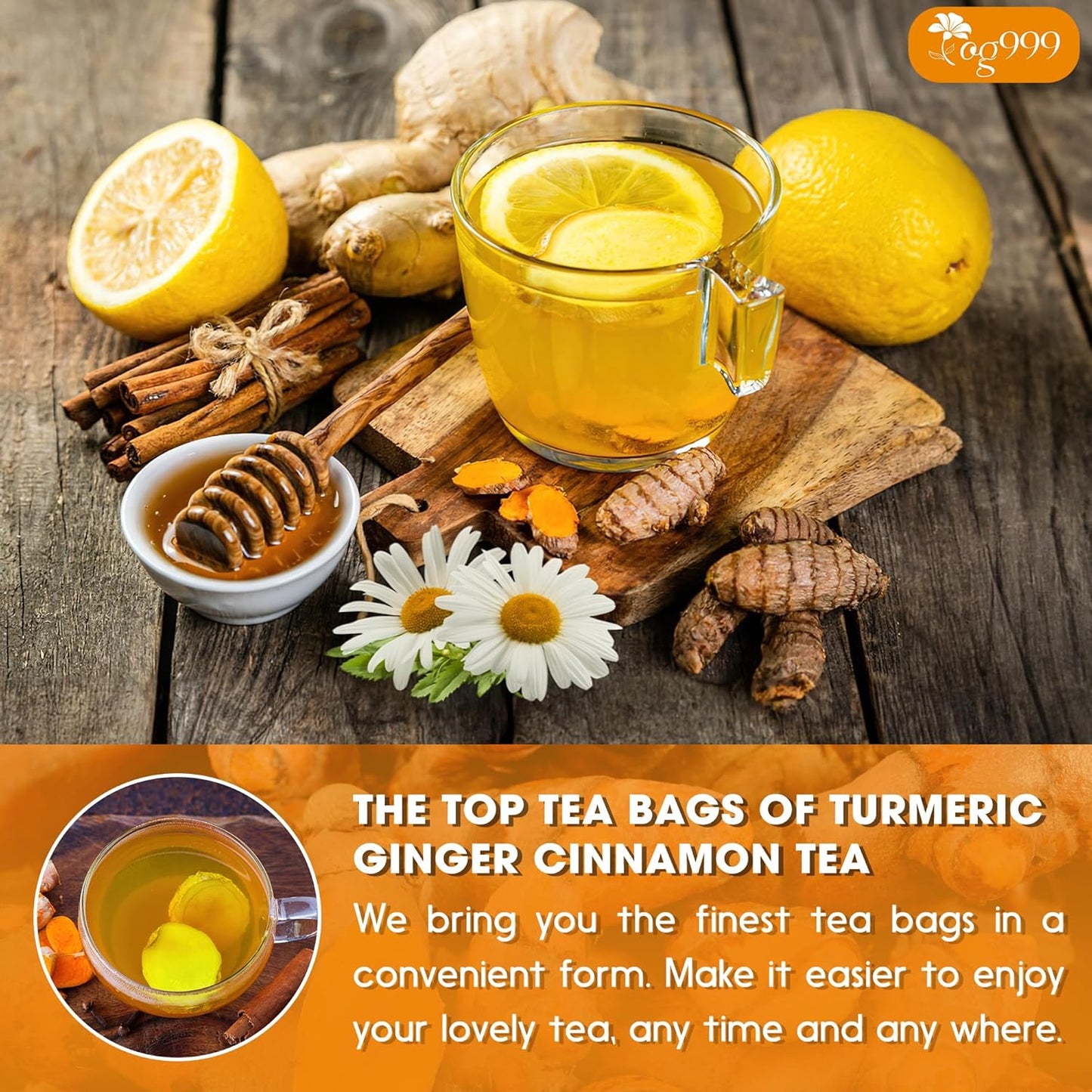 Thé en sachets premium de curcuma, gingembre, cannelle et camomille