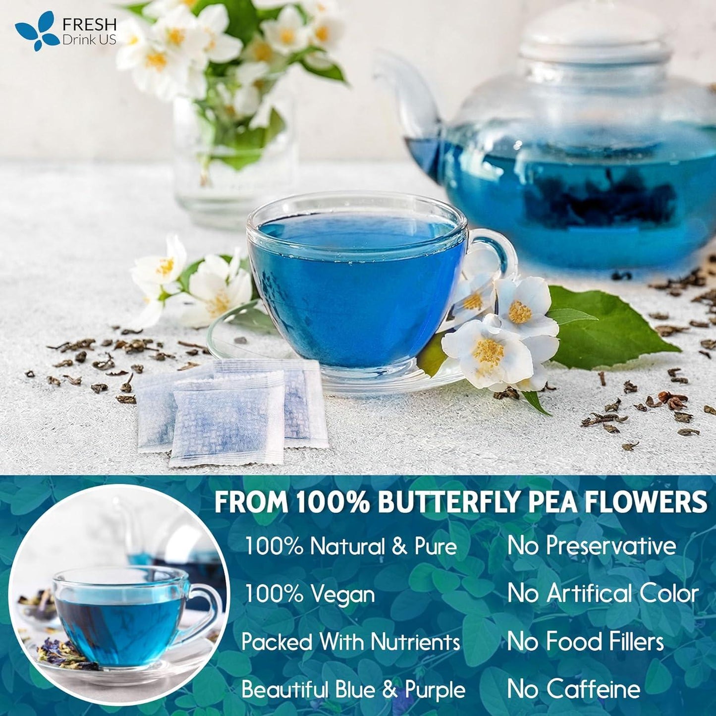 Premium Butterfly Pea Flowers, Tea Bags, 100% Natural and Pure from Butterfly Pea Flowers, Hand-made, Made With Natural Materials-Corn Fiber Tea Bag, Sugar/Caffeine/Gluten Free - Korvel
